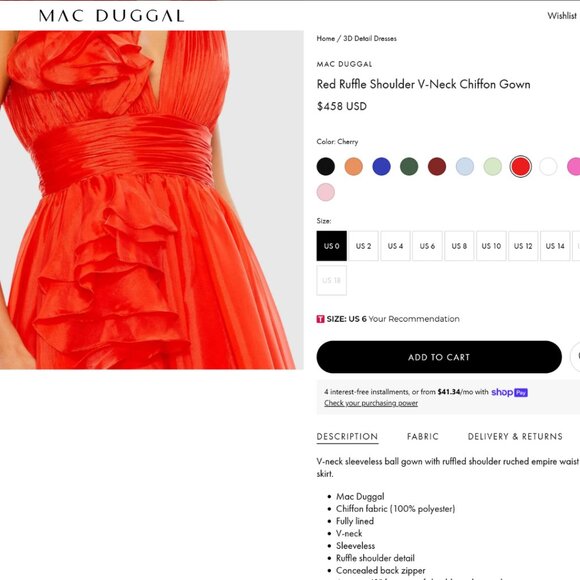 Mac Duggal Size 6 Cherry Red Ruffle V-Neck Chiffon Ballgown Long Gown Maxi Dress - Picture 2 of 5